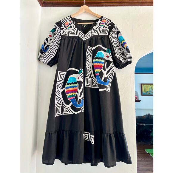 Sed's Crafts Dresses & Skirts - Vintage Seds Crafts Panama Mola Seahorse Black Kaftan Dress – One Size, Folk Art